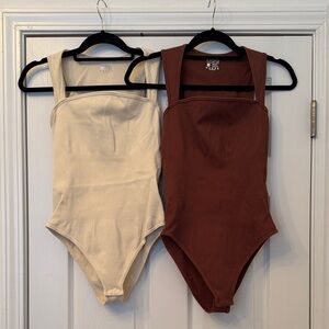 Ribbed Cream and Brown Bodysuit Duo